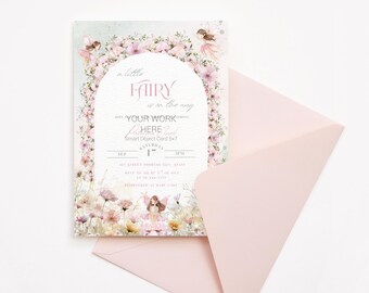 Invitación para baby shower de hadas, invitación editable para baby shower de hadas en camino, invitación para baby shower de hadas de jardín de flores silvestres
