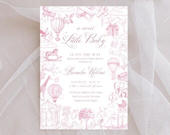 May include: A pink and white baby shower invitation featuring a whimsical illustration of a hot air balloon, a rocking horse, a giraffe, and other baby-related items. The text reads "a sweet Little Baby is on the way" and includes the date, time, and location of the shower. RSVP information and registry details are also included.
