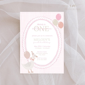 One Silly Goose Birthday Party Invitation, Editable Silly Goose Invite, Pink Gingham Invitation, First Birthday Party Invitation