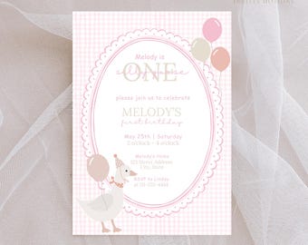 One Silly Goose Birthday Party Invitation, Editable Silly Goose Invite, Pink Gingham Invitation, First Birthday Party Invitation