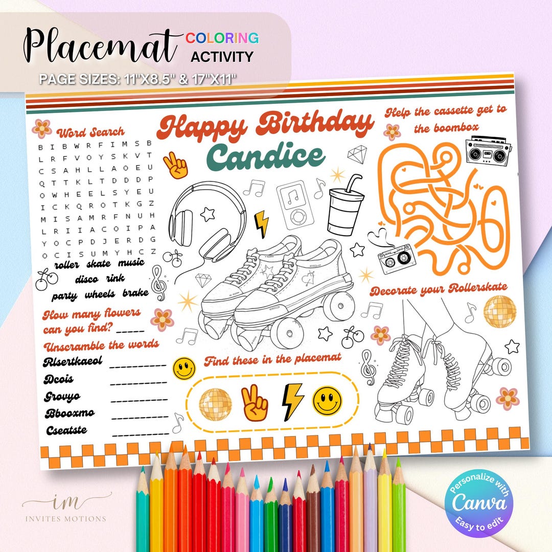 Roller Skates Coloring Page Placemat, Retro Groovy Party Mat, Editable ...