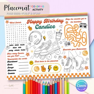 Op de afbeelding: Een printbare kleurplaat placemat met een retro thema. De placemat bevat een woordzoeker, een doolhof, een rolstoel om in te kleuren en een sectie om verborgen afbeeldingen te vinden. De tekst op de placemat zegt "Happy Birthday Candice".