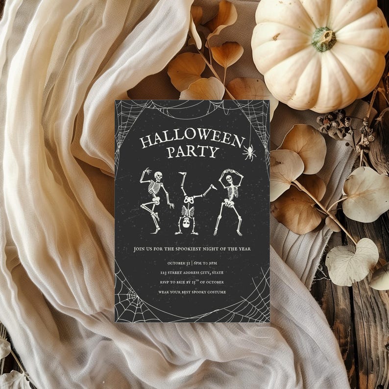 Skeleton Halloween Party Invitation, Spooky Costume Party Invite, Editable Trick or Treat Invitation Template image 2