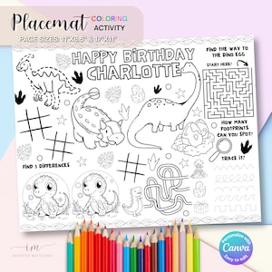 May include: A black and white printable placemat with a dinosaur theme. It features a dinosaur maze, a dinosaur footprint counting activity, a trace the line activity, and a find the differences activity. The placemat also includes the text "Happy Birthday Charlotte".