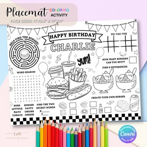 Burger Party Birthday Coloring Placemat Party Games Children Activity Diner Bbq Burgers Placemats Color Sheet Grilling Party Printable Page