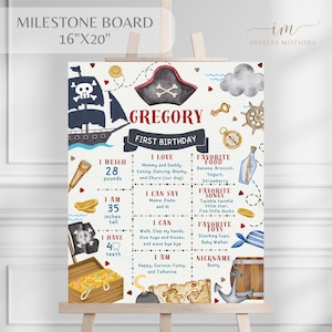 Plantilla editable de hito del primer cumpleaños de piratas, póster de hito de fiesta de piratas, tablero de estadísticas del primer cumpleaños de Ahoy Matey
