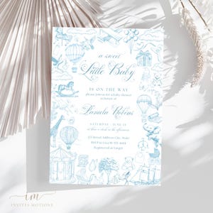 Blue Toile De Jouy Baby Shower Invitation, Editable Blue Hot Air Balloon Baby Shower Party Invite, Boy Baby Shower Invitation