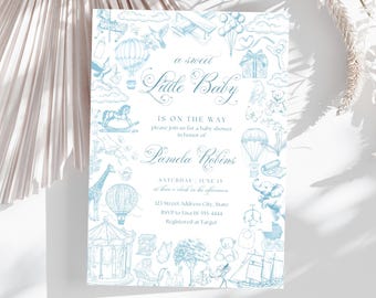 Blauwe toile de jouy-babyshoweruitnodiging, bewerkbare blauwe heteluchtballon babyshowerfeestje, uitnodiging jongen babyshower