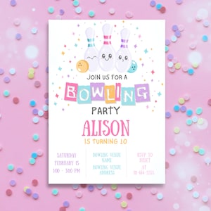Bowling Birthday Invitation, Editable Bowling Party, Bowling Girl Birthday Invitation, Let's Strike Up Some Fun  Birthday Party Invite