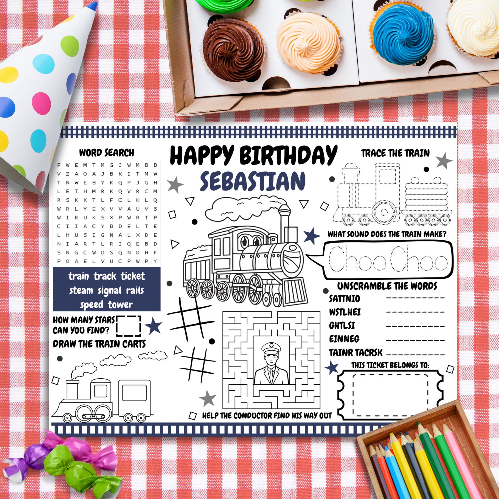 Editable Train Birthday Coloring Placemat, Choo Choo Train Placemats