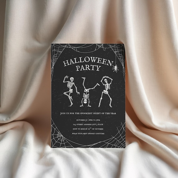 Skeleton Halloween Party Invitation, Spooky Costume Party Invite, Editable Trick or Treat Invitation Template