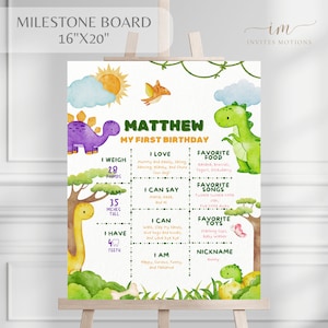 Modèle d'affiche modifiable bébé dinosaure premier anniversaire jalon, dinosaure fête jalon, dinosaure anniversaire étape étape carte affiche