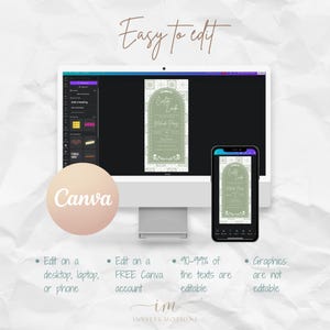 May include: A computer monitor and smartphone show a wedding invitation design. The invitation is light green with floral accents. The image includes the text "Easy to edit" and "Canva". Additional text indicates the design is editable on a desktop, laptop, or phone.
