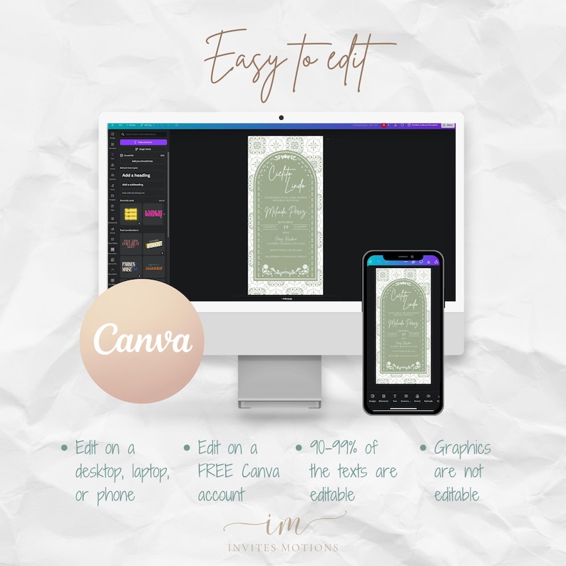May include: A computer monitor and smartphone show a wedding invitation design. The invitation is light green with floral accents. The image includes the text "Easy to edit" and "Canva". Additional text indicates the design is editable on a desktop, laptop, or phone.