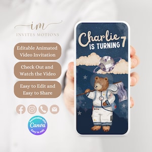 Bear Astronaut Birthday Video Invitation: Editable Outer Space Theme (Canva)