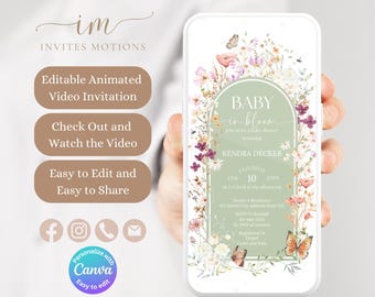 Editable Wildflower Baby Shower Invitation, Wildflowers Baby Shower Animated Invitation, Wild Flower Baby Shower Party Video Invite