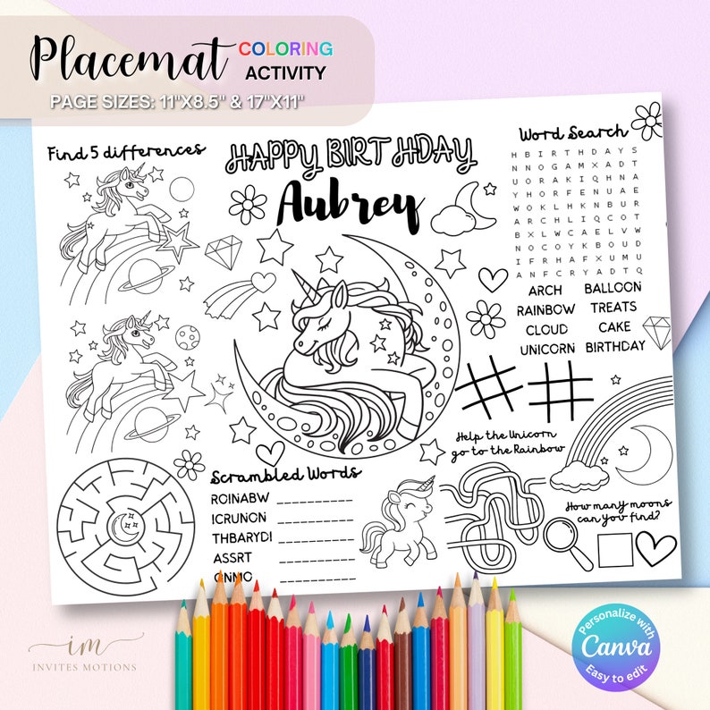 Unicorn Birthday Coloring Placemat Party Games Children Activity ...