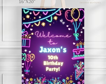 May include: A neon-style birthday party welcome sign, 16" x 20", with the text "Welcome to Jaxon's 10th Birthday Party!" in a purple gradient background. The sign features neon illustrations of balloons, gifts, and fireworks.