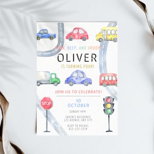 May include: A colourful invitation for a birthday party with a car theme. The invitation features a watercolour illustration of cars, trucks, and a bus on a road. The text on the invitation reads "Honk, Beep, and Vroom! Oliver is turning four! Join us to celebrate! 10 October Sunday 4PM Green's Residence 123 Avenue, Any City RSVP to Rachel 012-123-1234"