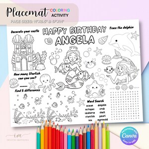 Editable Mermaid Birthday Coloring Placemat Party Games Children ...