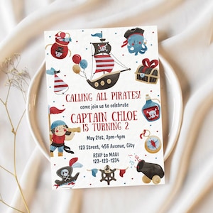 Invitación de cumpleaños de niña pirata, fiesta de capitán pirata editable, invitación de cumpleaños de Ahoy Matey, invitación de fiesta de cumpleaños de piratas