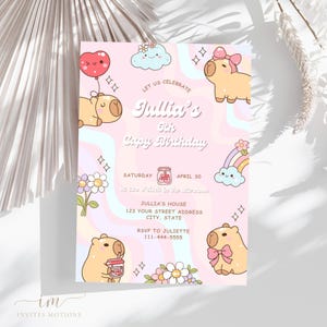Capybara Birthday Invitation, Pastel Capy Birthday Party Invitation, Girl Birthday Invitation, Capybara Birthday Party Invitation