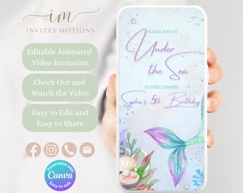 Invitación en video de sirena editable para fiesta de cumpleaños bajo el mar Plantilla de invitación animada para invitación a fiesta de sirena en video GUS1