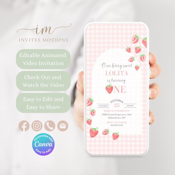 Editable Berry First Video Invitation for Strawberry Party Digital Invitation Berry Themed Birthday Animated Invitation First Birthday GBF1