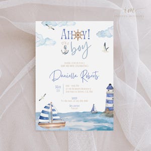 Invito per baby shower nautico, invito modificabile per baby shower "Ahoy It's a Boy", invito per baby shower blu per bambini, baby shower in barca