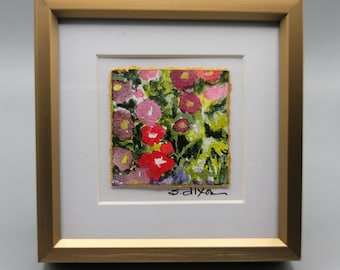 Miniature Floral Watercolor Painting in Gold Frame – Original Hand-Painted Card