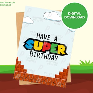 Super carte de voeux d'anniversaire, carte d'anniversaire inspirée de Super Mario, carte de jeu vidéo, carte de voeux/anniversaire imprimable