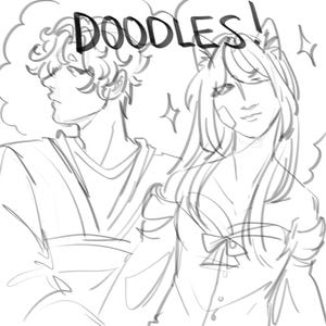May include: A black and white sketch of two figures, one with curly hair and the other with long hair and cat ears. The word "DOODLES!" is written above the figures in a handwritten style. The figures are drawn in a simple, illustrative style.