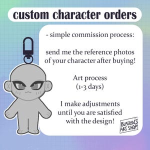 May include: A graphic featuring a gray character design with a keychain attachment. Text reads "custom character orders" and details the commission process: send reference photos, art process (1-3 days), and adjustments until satisfied. "BlaiRen's Art Shop" logo.