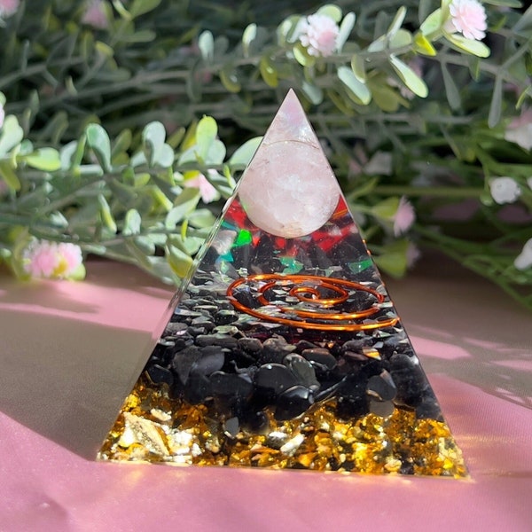 Orgonite Pyramid with Quartz Ball and Copper Wire for Orgone Energy, Epoxy Resin, Reiki Healing, Meditation Decor