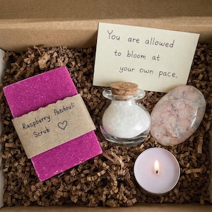 Blossom Into You Set | Flower Agate Crystal Ritual Gift Box | Self Care Kit | Raspberry Patchouli Soap, Bath Salts & Candle