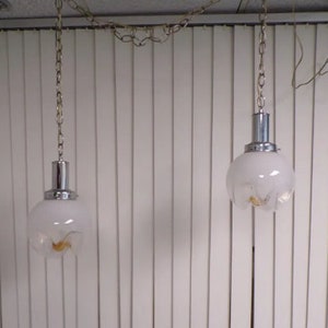 Pair of Amber and Opaline Murano Glass Pendant Lights by Mazzega