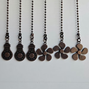 Vintage Bronze Ceiling Fan Pull Chains: Light Bulb, Flower Pendants (12-inch)