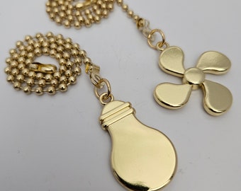 Gold Ceiling Fan Pull Chain: Bulb & Fan Charms, 12&quot; Beaded Extension