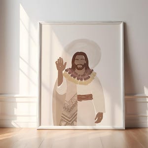 May include: A digital illustration of a person with brown skin wearing a white robe with a brown patterned sash and a brown and beige lei. The person is raising their right hand in a gesture of greeting.