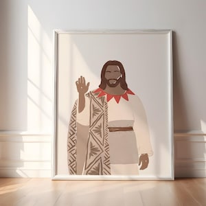 May include: A digital illustration of a person with brown skin wearing a white robe with a red and white patterned collar and a brown and white patterned robe. The person is raising their right hand.