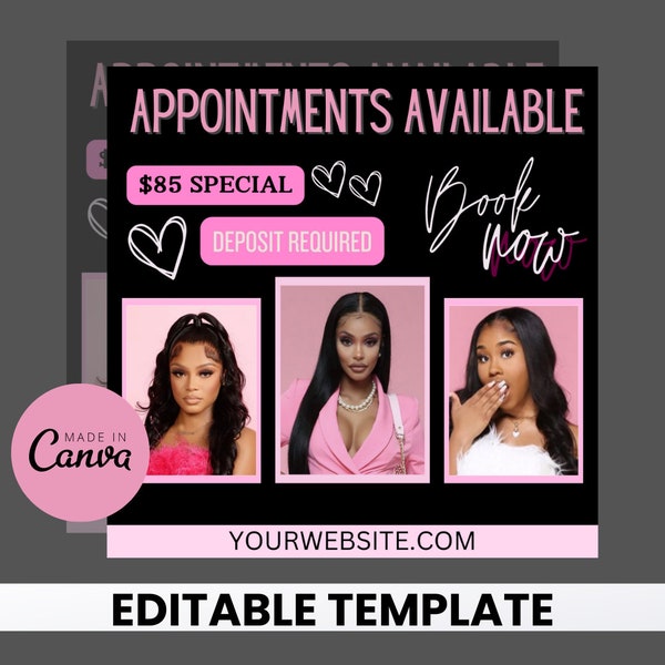 Editable Book Now Flyer, DIY Appointments Available Template, Premade Hair Flyer Template, Lashes, Makeup Nails Hair Stylist, Canva Template