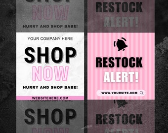 May include: A promotional graphic with the words "SHOP NOW" in large, bold letters, with "NOW" in pink. The phrase "HURRY AND SHOP BABE!" is below. Another graphic says "RESTOCK ALERT!" with a bell icon and website address.