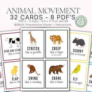 Tarjetas de movimiento de animales, Actividad de movimiento, Tarjetas de acción, Hora del círculo, Actividad imprimible educativa preescolar, Niños pequeños, Educación en el hogar, Prejardín de infantes
