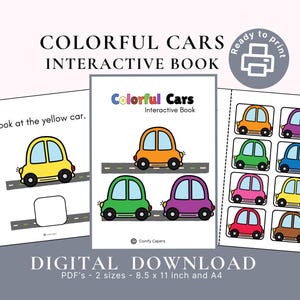 May include: A printable interactive book for kids featuring colorful cars. The book includes a page with a yellow car and a blank space for the child to color in the car. The book also includes a page with a grid of colorful cars.