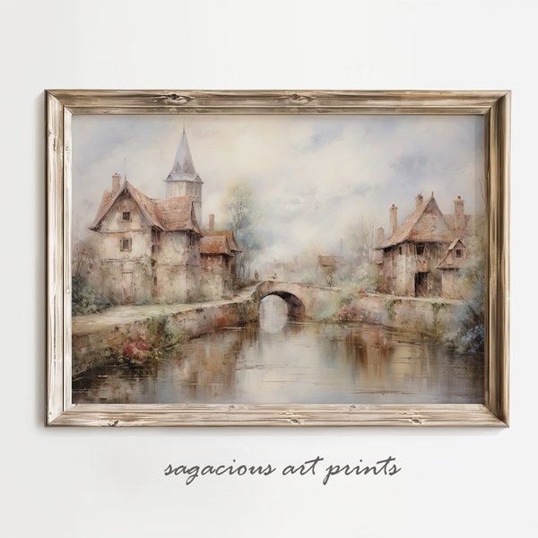 Alsace France Village Bridge Impressionist Printable Wall Art | Muted Landscape Vintage French Print | French Country Decor | Ref SP0243