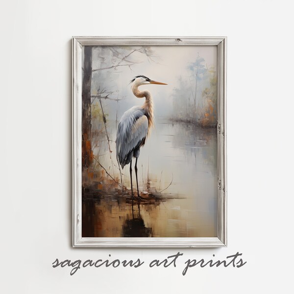 Great Blue Heron Painting Printable Wildlife Wall Art Print Download | Bird Lovers Gift | Audubon Moody Natural Heron Painting | Ref SP0252