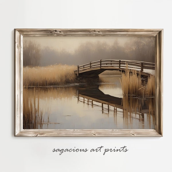 Wooden Bridge Over Tranquil Pond Painting | Printable Wall Art Digital Download | Country Rustic Charm Warm Tone Artwork | Ref SP0112