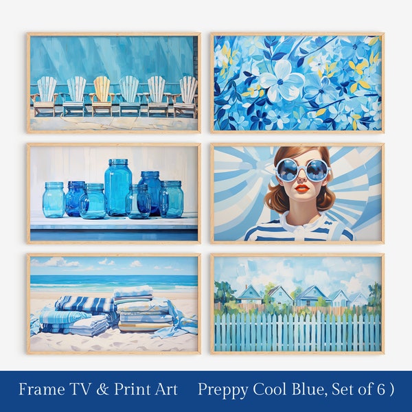 Preppy Cool Blue Summer Themed Samsung Frame TV Art Bundle Set of 6 - Part 1 | Frame TV Art in Cool Blue Tonality | Retro Beach Decor TVB001