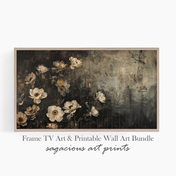 Dark Florals Samsung Frame TV Art | French Gothic Abstract Florals Black and Beige | Printable Moody Floral Art for Frame TV | Ref TV0147