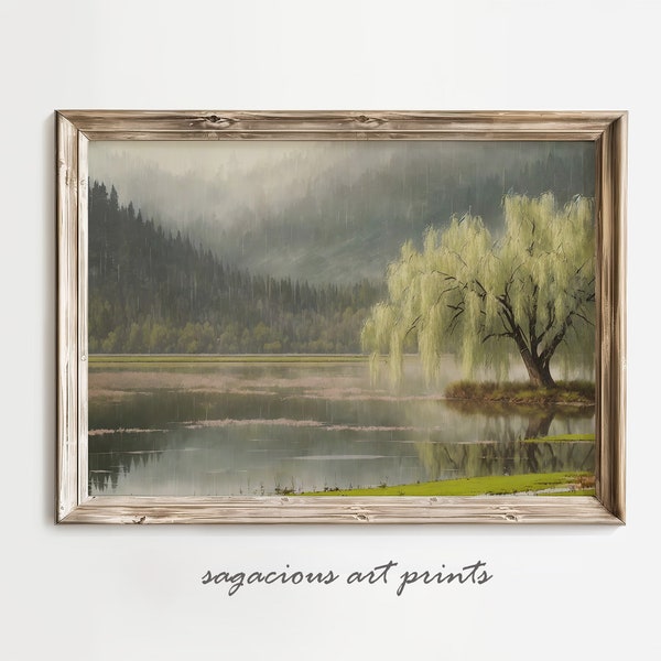 Weeping Willow Landscape Art | PRINTABLE Wall Decor | Weeping Willow Tree Painting | Moody Rustic Landscape Art | Tranquil Art | Ref SP0010